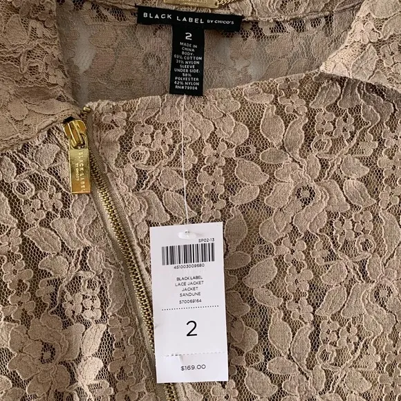 New with tags Chico’s Black Label tan lace jacket