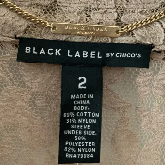New with tags Chico’s Black Label tan lace jacket