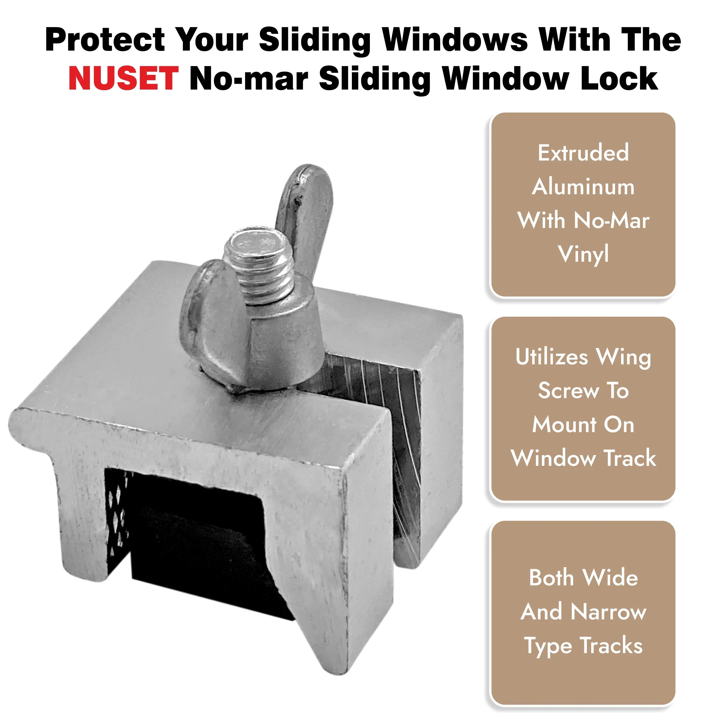 NUSET No-Mar Sliding Window Lock, Wing Screw, Aluminum