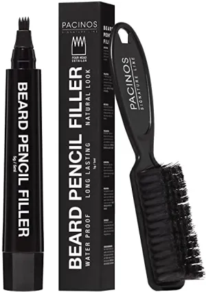 Pacinos Beard Pencil Filler - Water Proof, Long Lasting Coverage & Natural Finish - Beard, Moustache & Eyebrows - Micro-Fork Tip for Seamless Application - Includes Bristle Brush for Blending (Black)