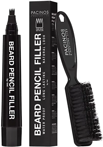 Pacinos Beard Pencil Filler - Water Proof, Long Lasting Coverage & Natural Finish - Beard, Moustache & Eyebrows - Micro-Fork Tip for Seamless Application - Includes Bristle Brush for Blending (Black)
