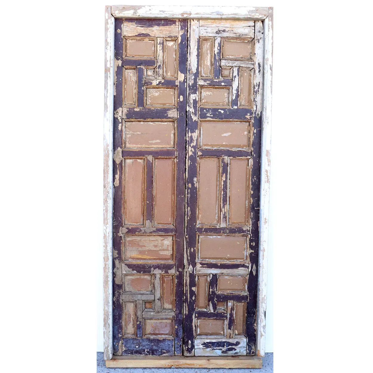 Pair of Spanish Baroque Style Painted Pine Paneled Window Shutters and Frame