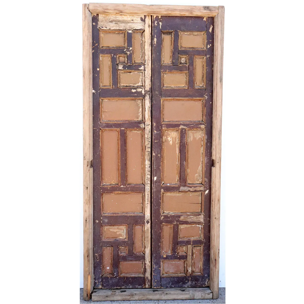 Pair of Spanish Baroque Style Painted Pine Paneled Window Shutters and Frame