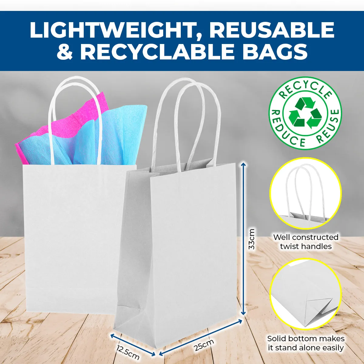 Party Central 72PCE Gift/Craft Paper Bags White Reusable 25 x 33cm