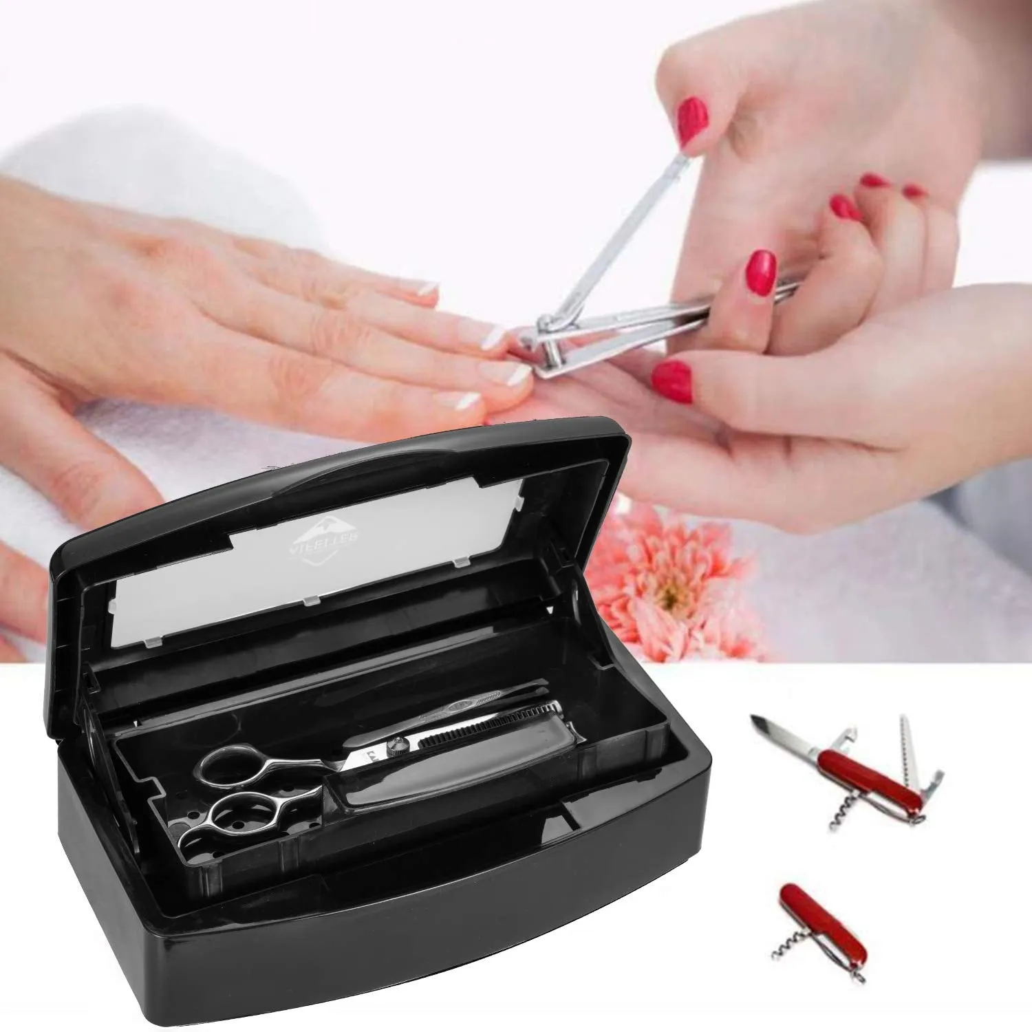 Plastic Sterilizing Tray-Barbicide Sterilization Tray,Clean Sterilizer Box Storage Organizer for Nail,Tweezers,Hair Salon,Spa & Cutter Manicure Equipment-Clear Lid (Black)