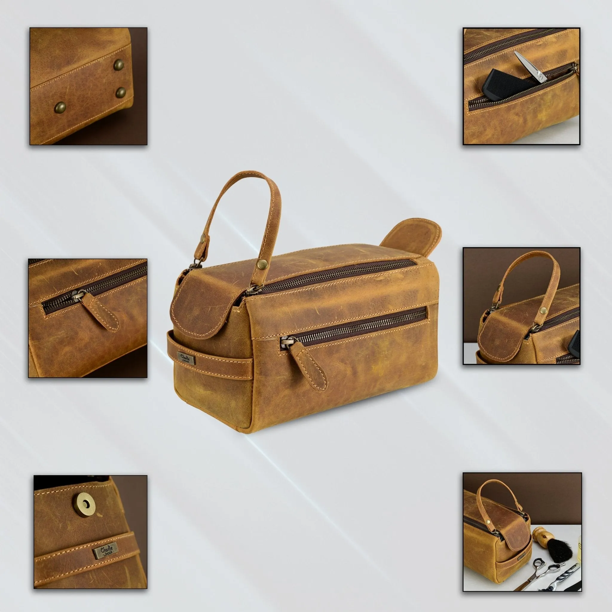Premium Cowhide Leather Toiletry Bag Travel Dopp Kit Distressed Tan