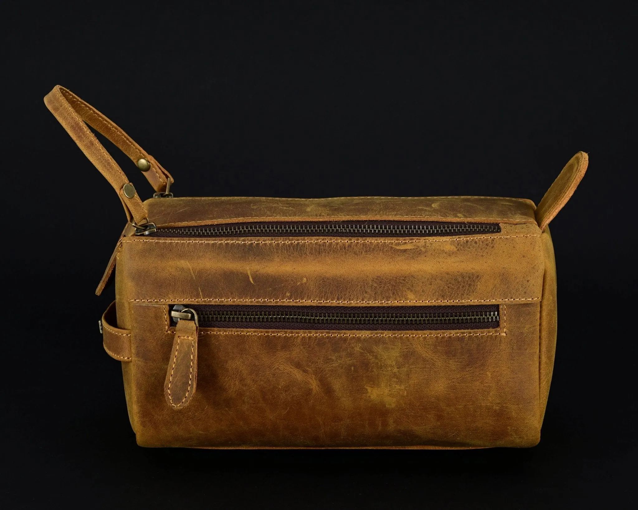 Premium Cowhide Leather Toiletry Bag Travel Dopp Kit Distressed Tan