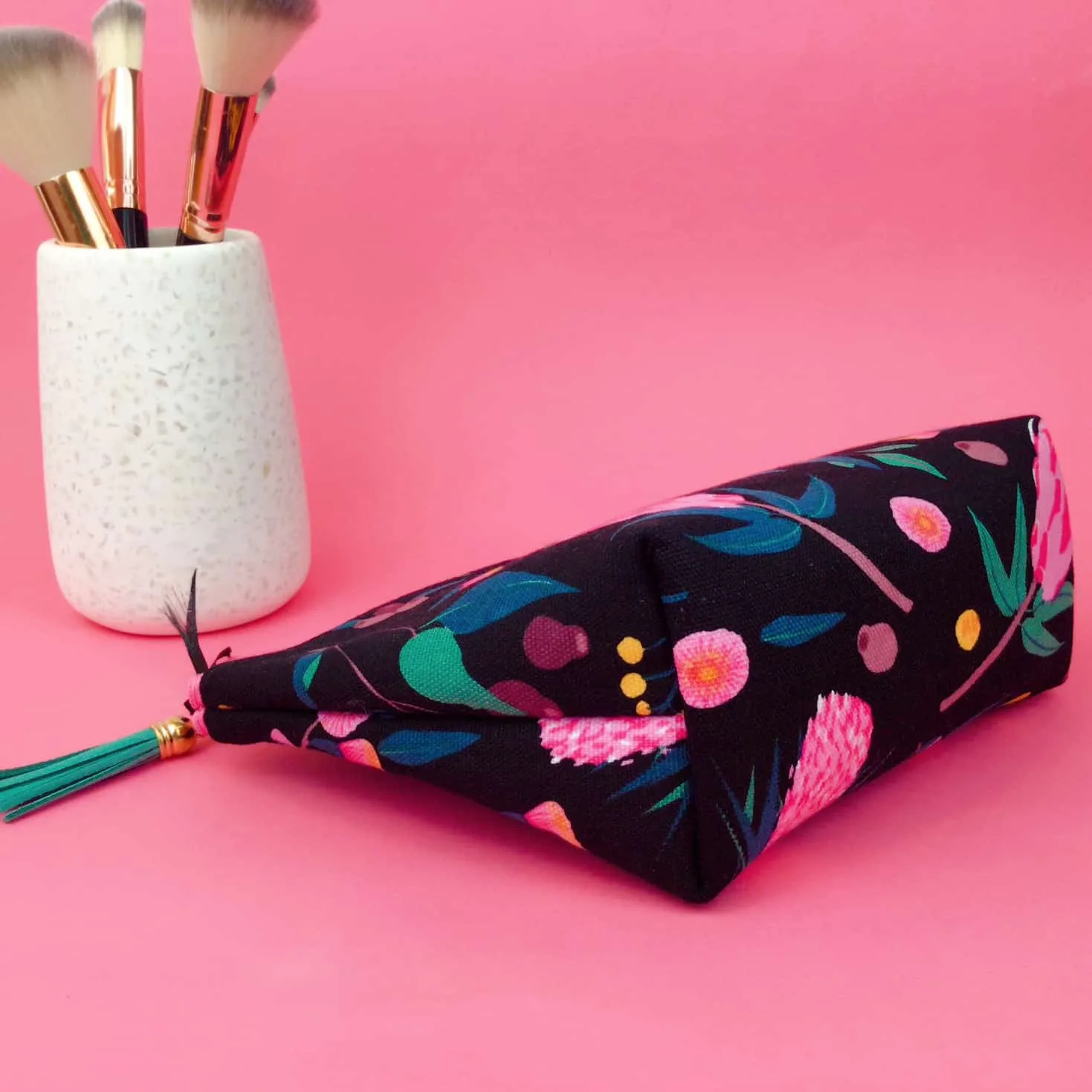 Protea Medium Cosmetic Bag. Black and Pink