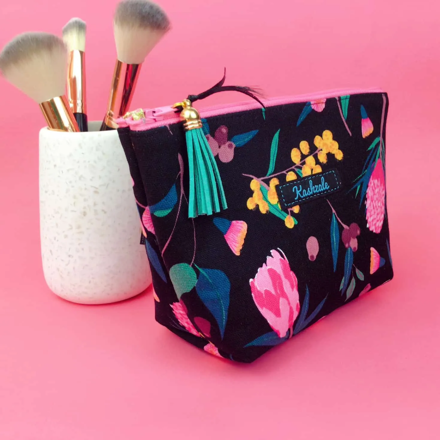 Protea Medium Cosmetic Bag. Black and Pink