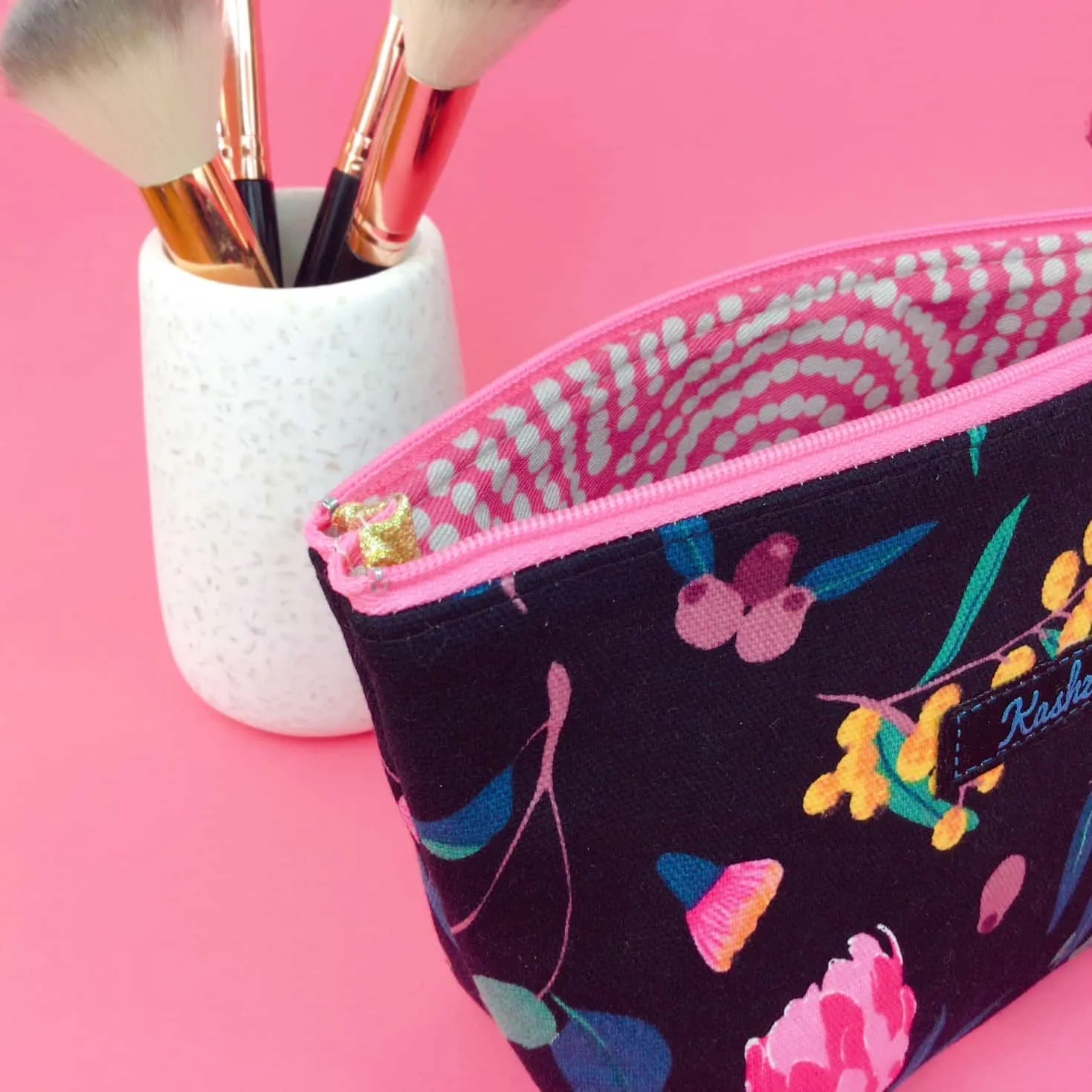 Protea Medium Cosmetic Bag. Black and Pink