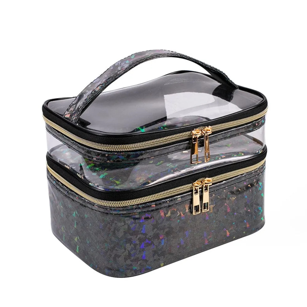 PVC Portable Transparent Double-Layer Cosmetic Bag