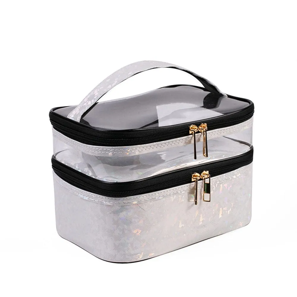 PVC Portable Transparent Double-Layer Cosmetic Bag