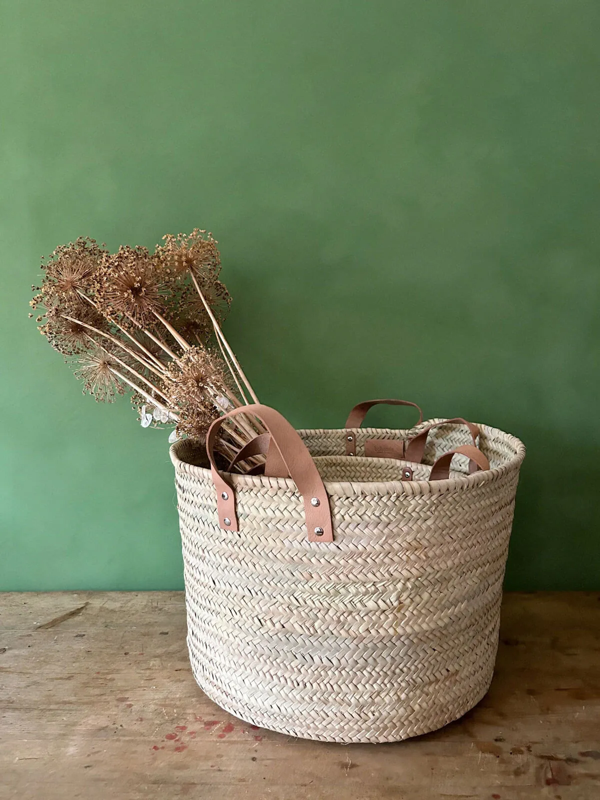 Round Leather Handle Storage Basket