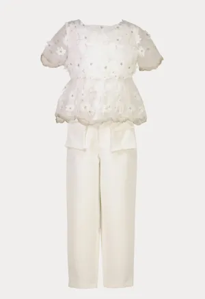 Scallop Floral Embroidery Sheer Blouse And Pants Set