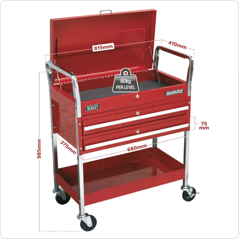 Sealey Heavy-Duty 2-Level Workshop Trolley with Lockable Top & 2 Drawers - Red - D