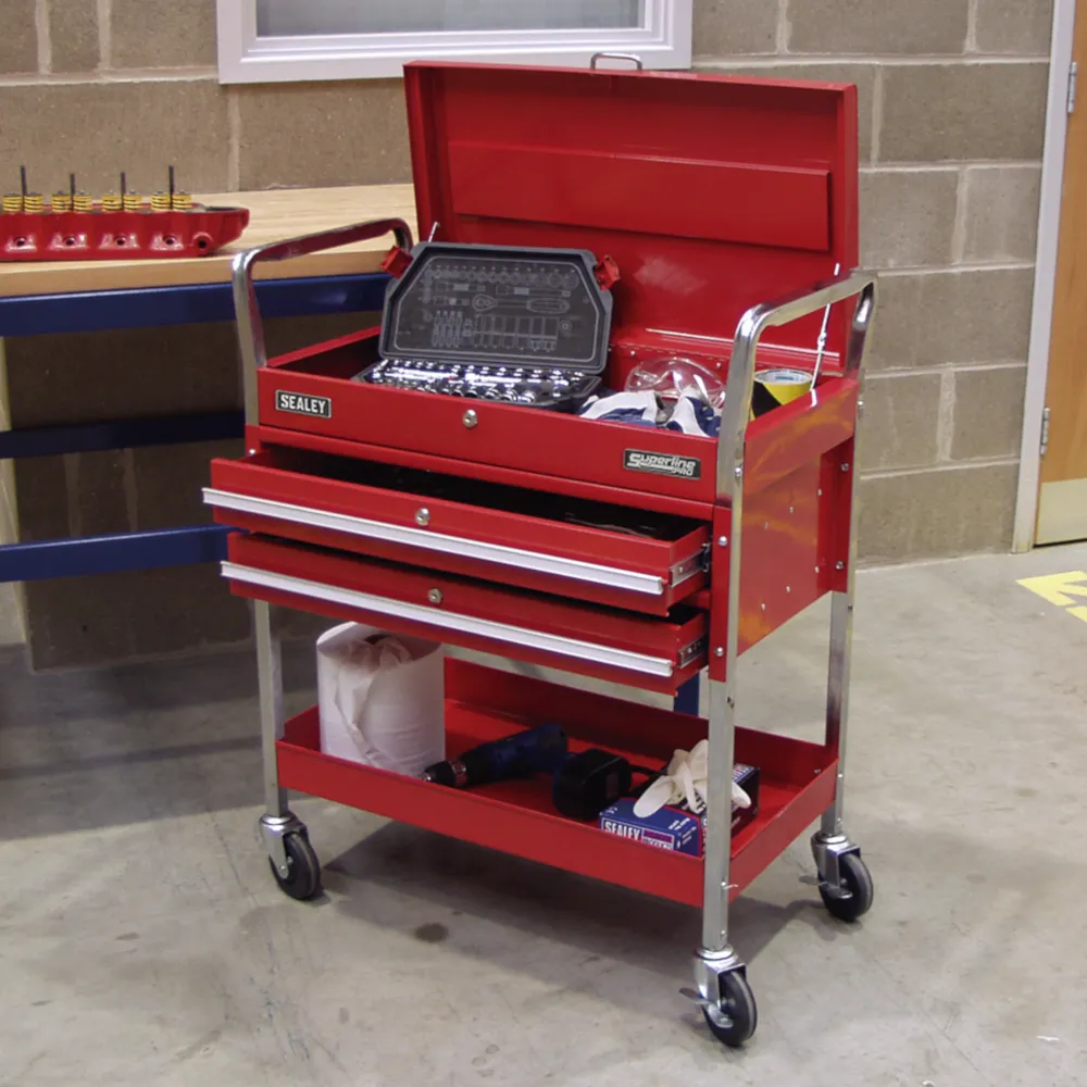 Sealey Heavy-Duty 2-Level Workshop Trolley with Lockable Top & 2 Drawers - Red - D
