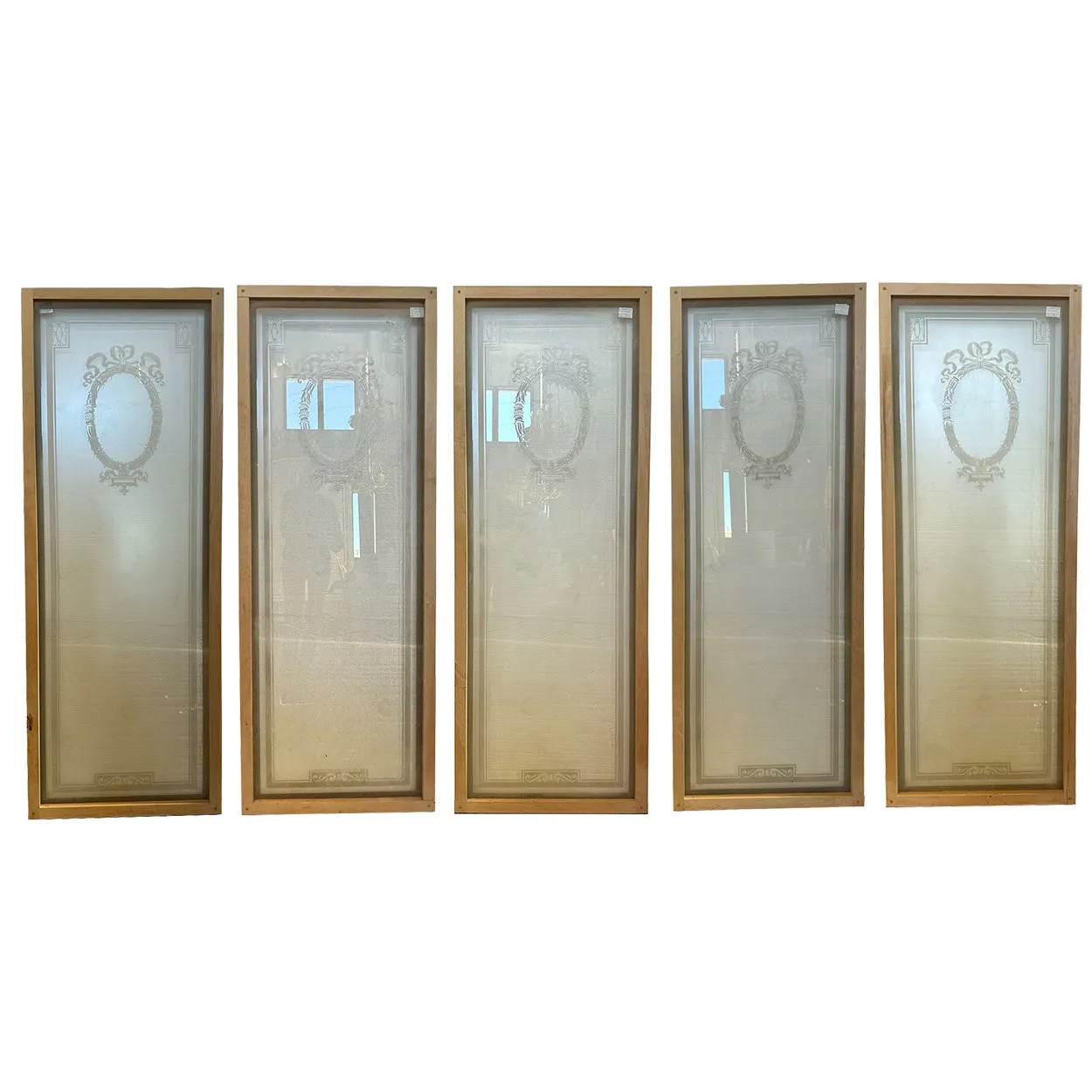 Set of Five English Neoclassical Etched Glass Windows
