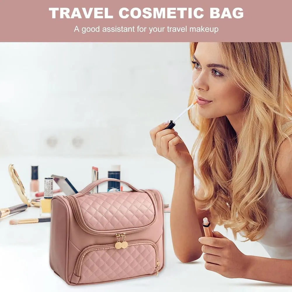 StitchesandTweed Travel Toiletry Bag, Large Capacity Vegan Leather Travel Toiletry Bag, Toiletry Storage Bag with Carrying Handle - Misty Rose