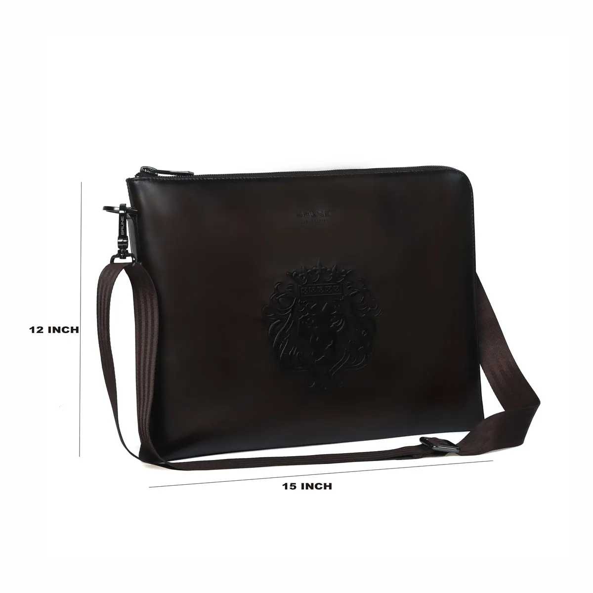 Stylish Laptop Sleeves Embossed Lion Dark Brown Messenger Bag with Zip Compartment By Brune & Bareskin