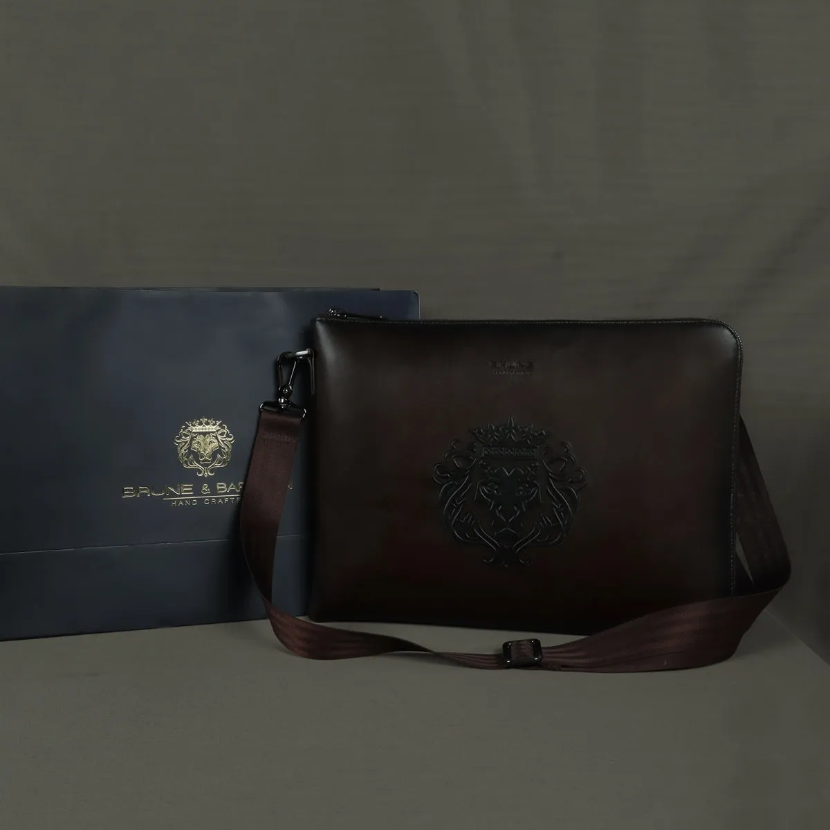 Stylish Laptop Sleeves Embossed Lion Dark Brown Messenger Bag with Zip Compartment By Brune & Bareskin