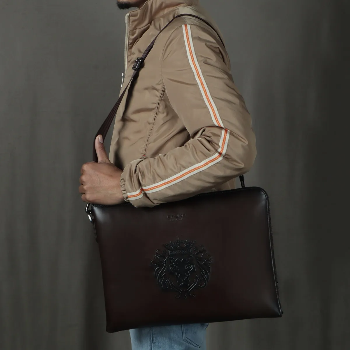 Stylish Laptop Sleeves Embossed Lion Dark Brown Messenger Bag with Zip Compartment By Brune & Bareskin