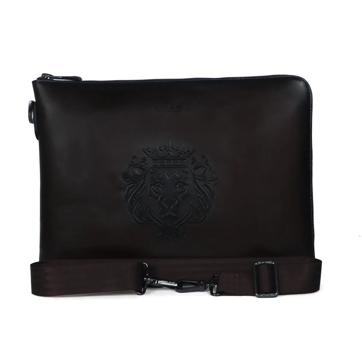 Stylish Laptop Sleeves Embossed Lion Dark Brown Messenger Bag with Zip Compartment By Brune & Bareskin