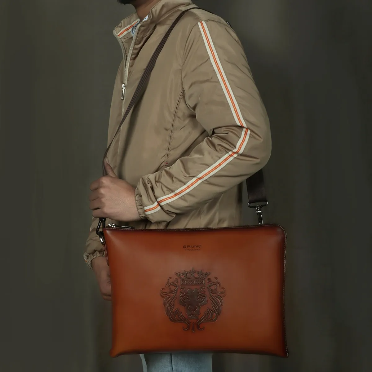 Stylish Laptop Sleeves Embossed Lion Tan Messenger Bag with Zip Compartment By Brune & Bareskin