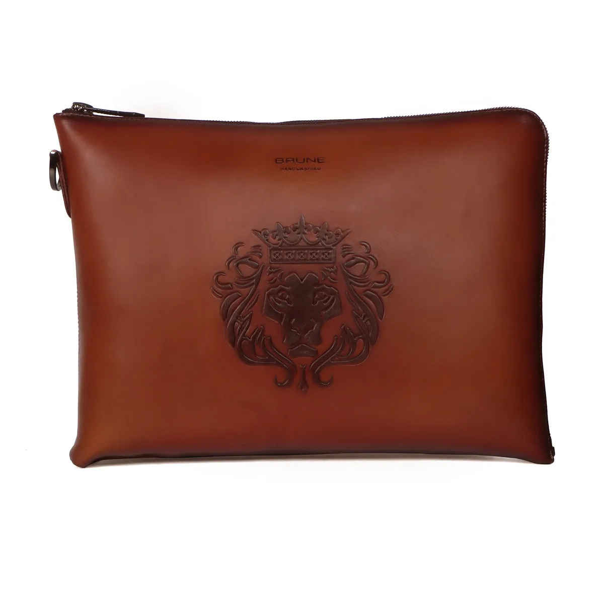 Stylish Laptop Sleeves Embossed Lion Tan Messenger Bag with Zip Compartment By Brune & Bareskin