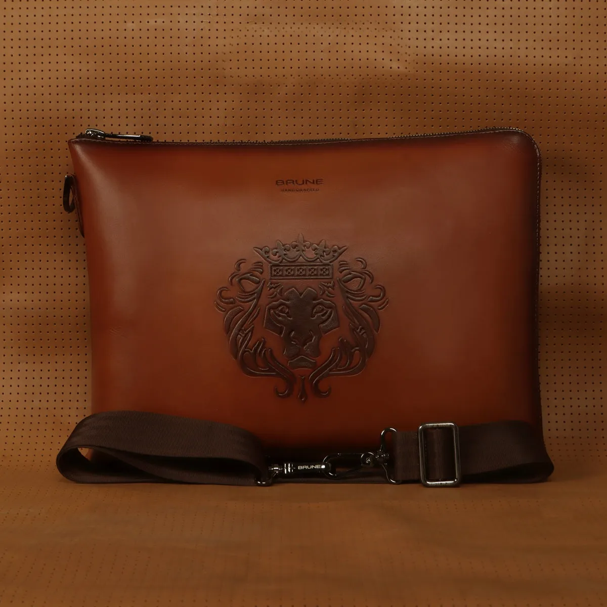 Stylish Laptop Sleeves Embossed Lion Tan Messenger Bag with Zip Compartment By Brune & Bareskin