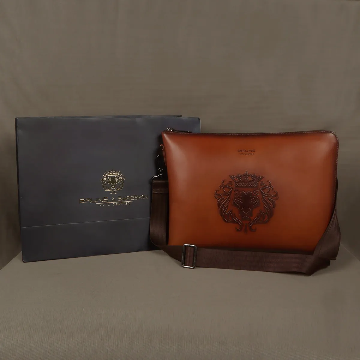 Stylish Laptop Sleeves Embossed Lion Tan Messenger Bag with Zip Compartment By Brune & Bareskin