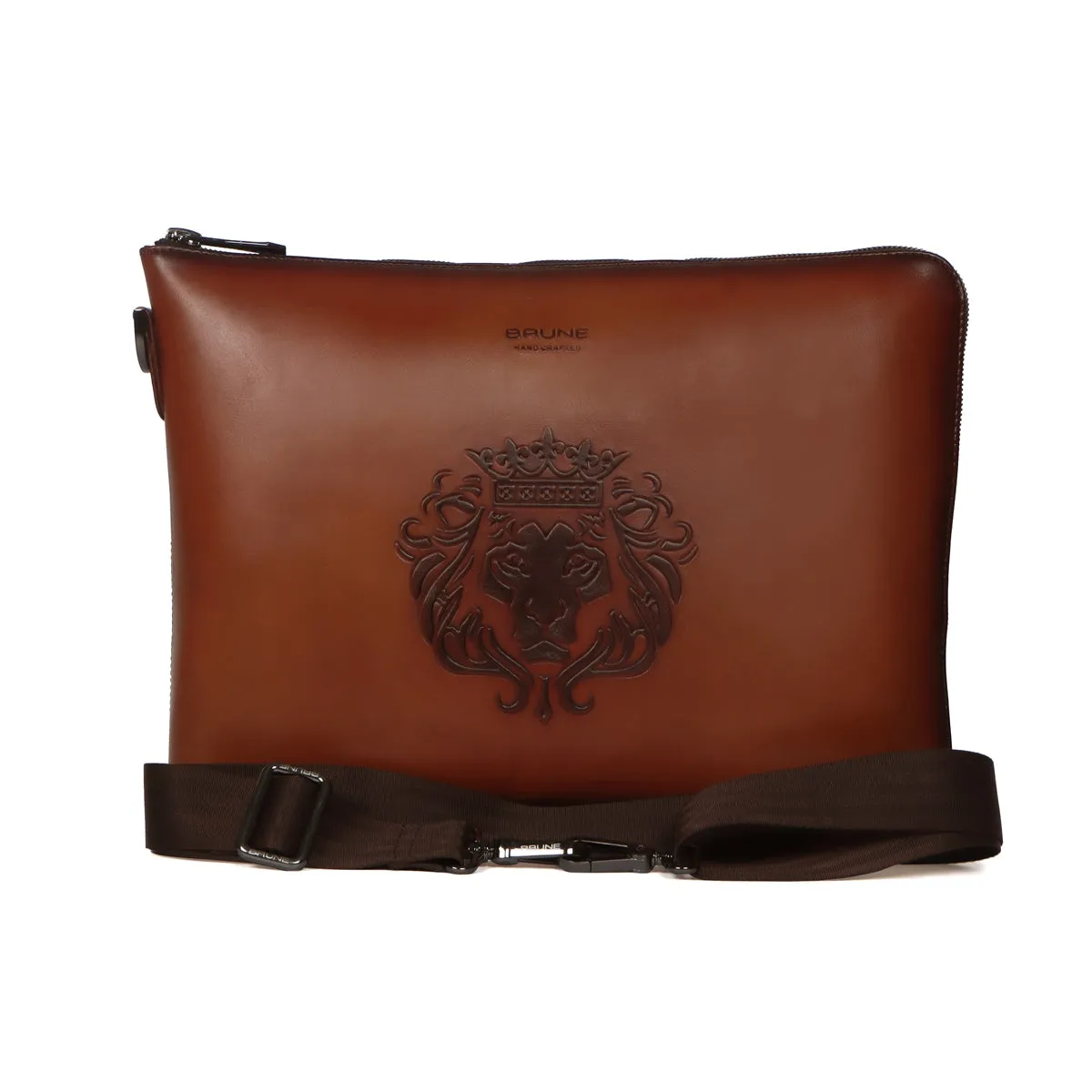 Stylish Laptop Sleeves Embossed Lion Tan Messenger Bag with Zip Compartment By Brune & Bareskin