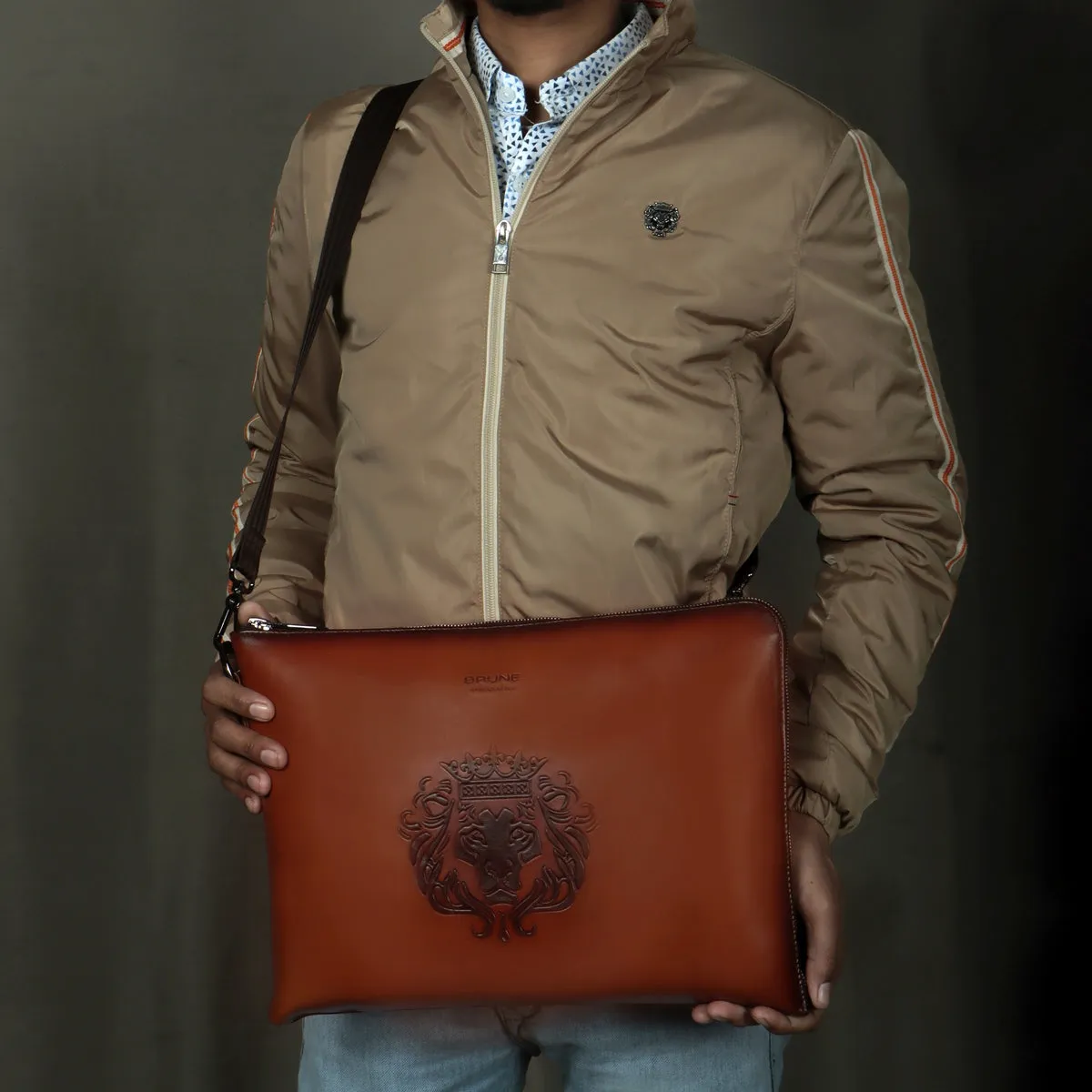 Stylish Laptop Sleeves Embossed Lion Tan Messenger Bag with Zip Compartment By Brune & Bareskin