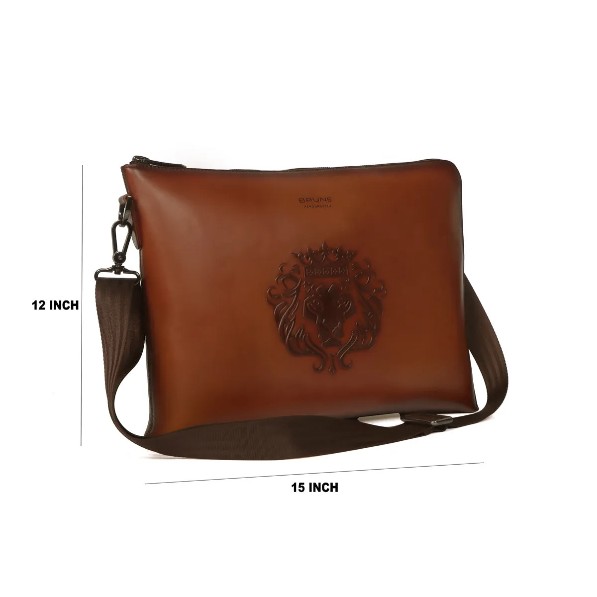 Stylish Laptop Sleeves Embossed Lion Tan Messenger Bag with Zip Compartment By Brune & Bareskin