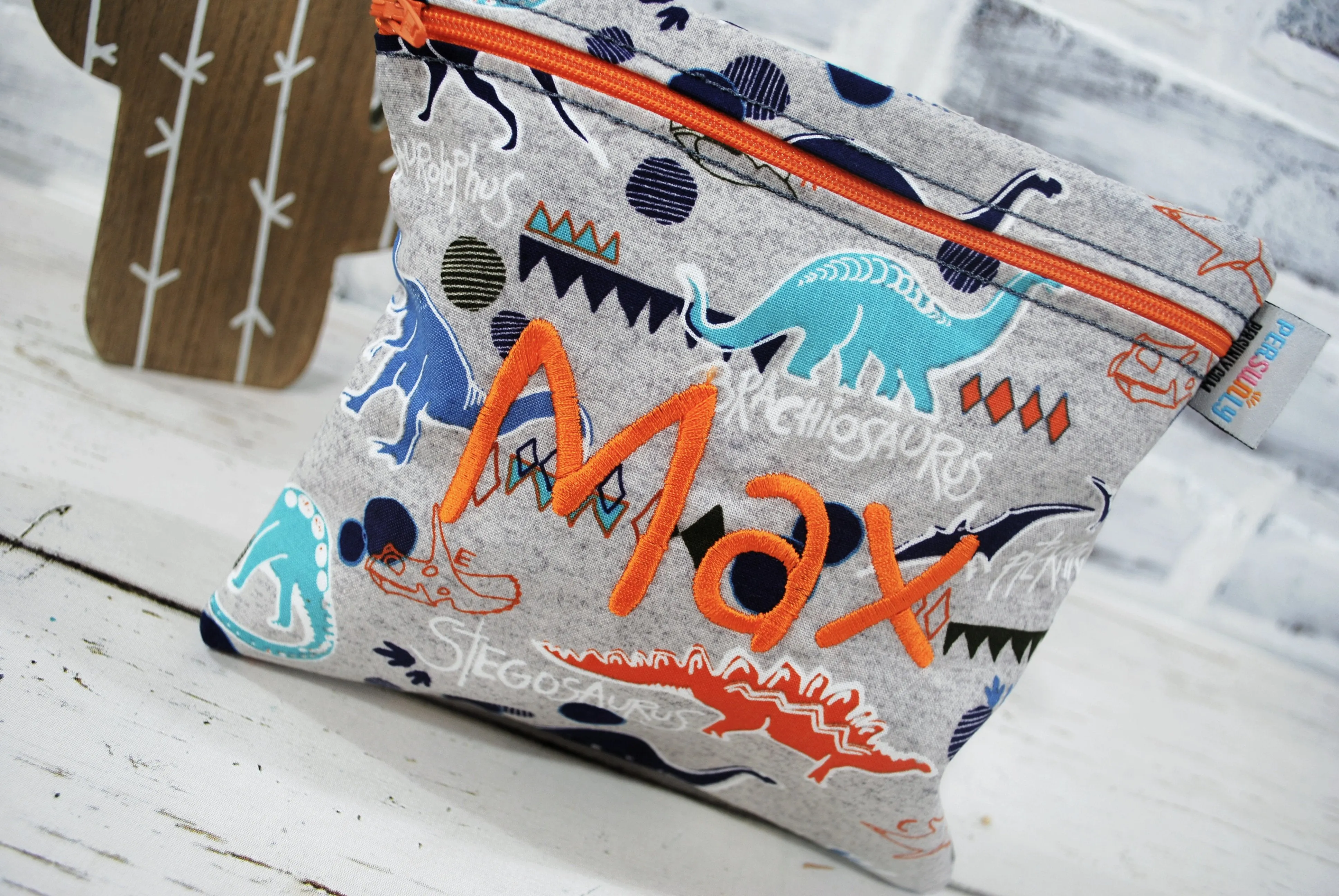 Teal and Orange Dino Personalized Reusable Food Bag