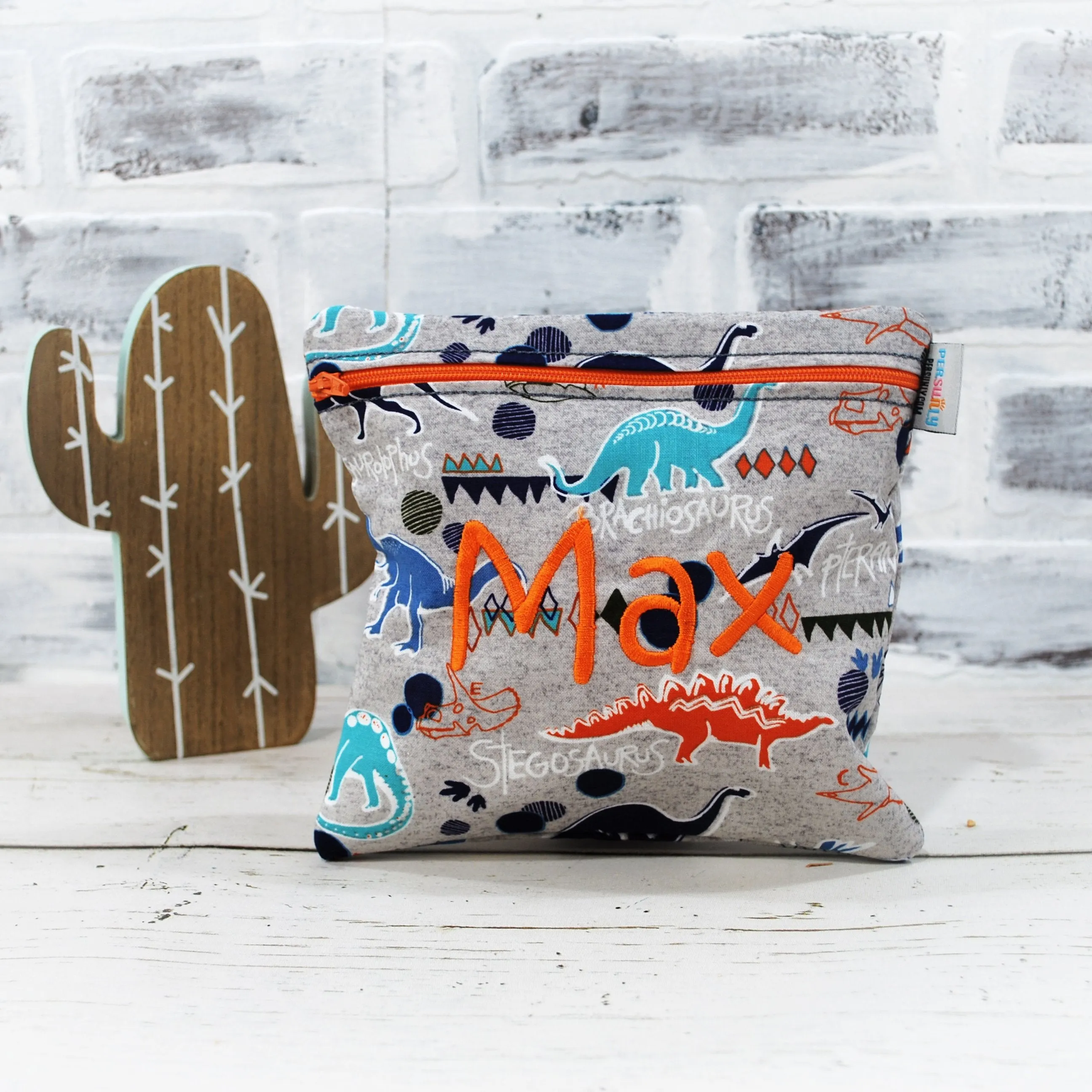 Teal and Orange Dino Personalized Reusable Food Bag