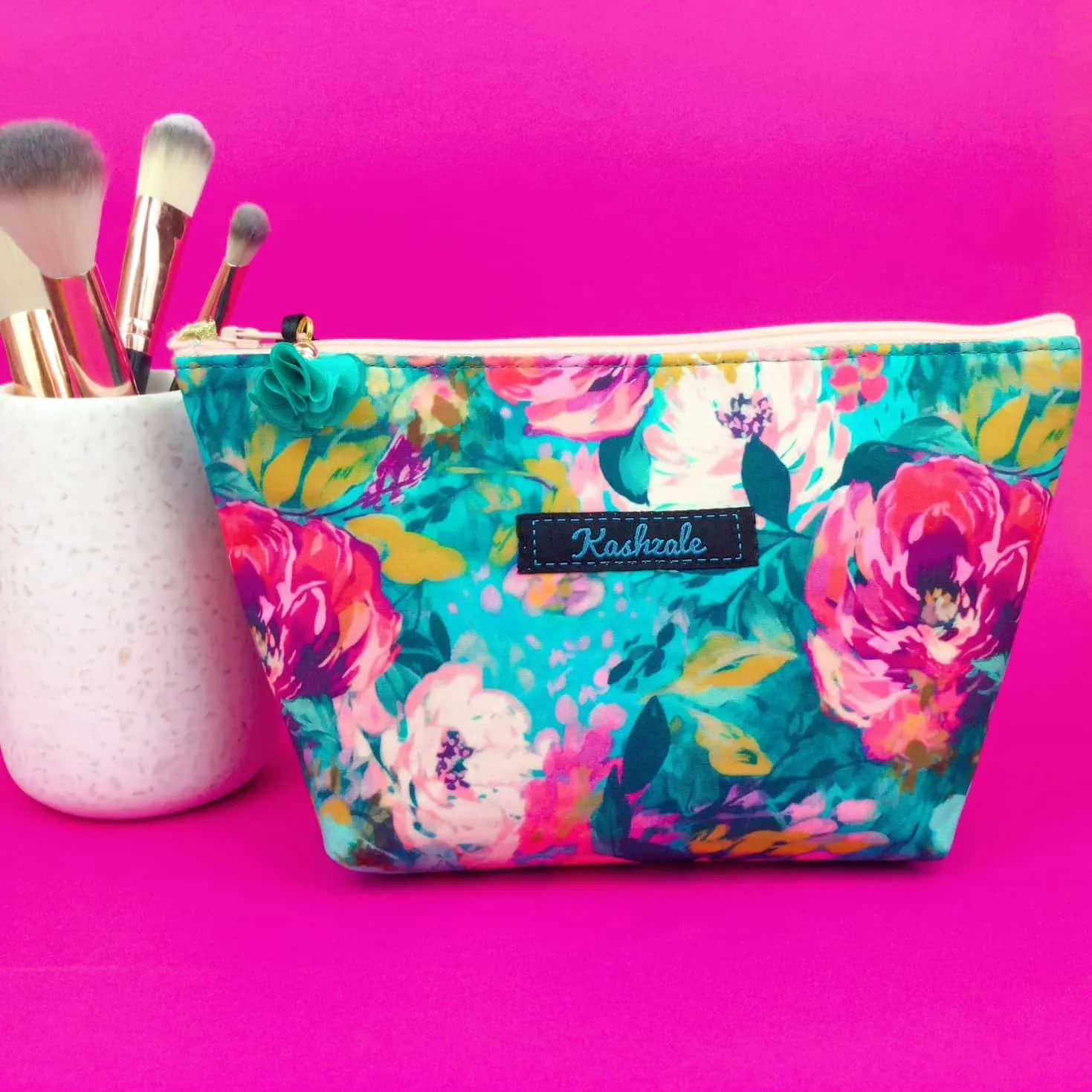 Teal and Pink Floral Medium Cosmetic Bag.