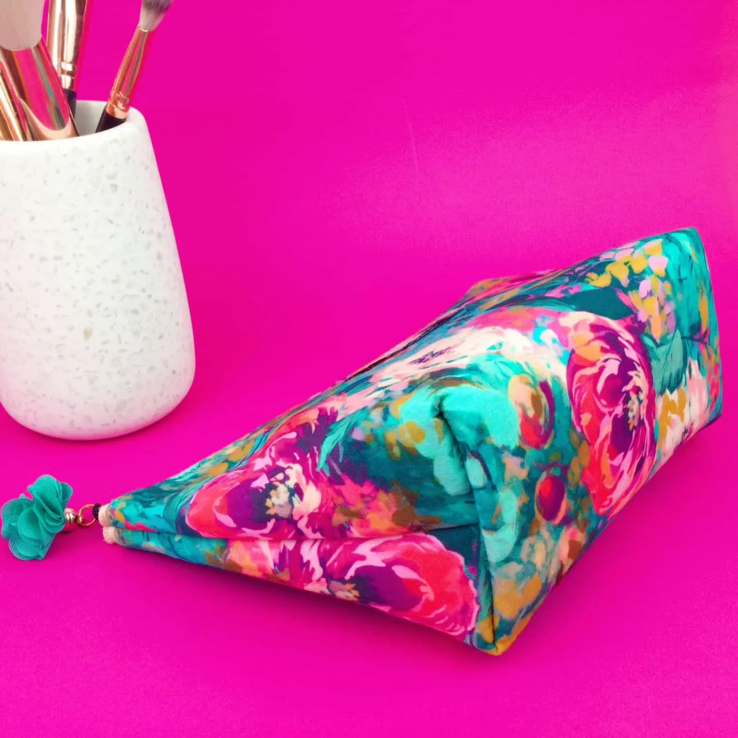 Teal and Pink Floral Medium Cosmetic Bag.