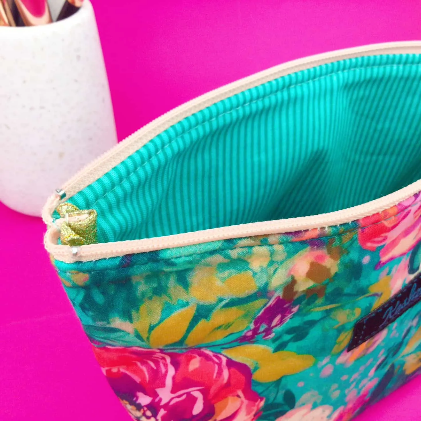 Teal and Pink Floral Medium Cosmetic Bag.