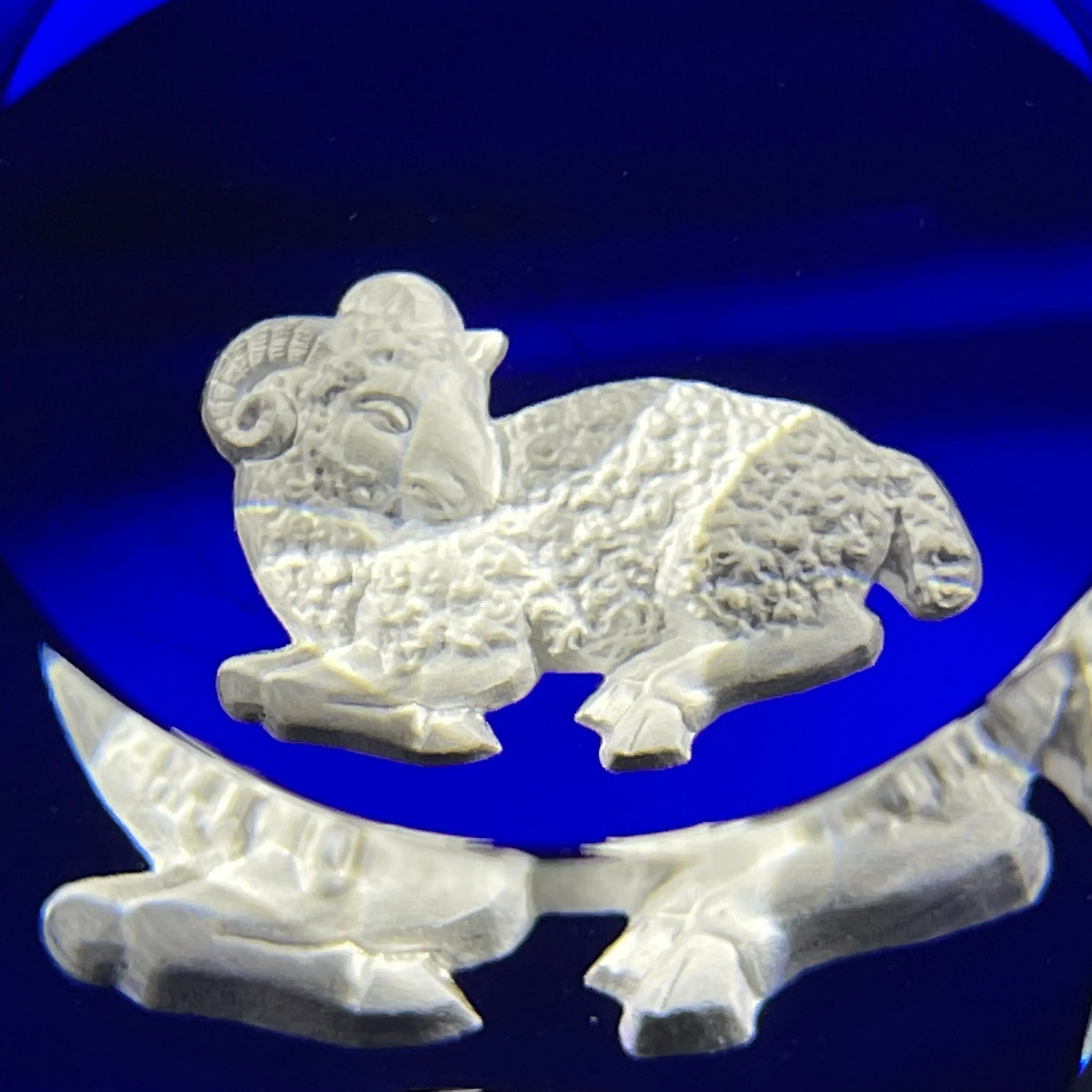 Vintage Faceted Baccarat Crystal Aries Sulphide on Transparent Blue