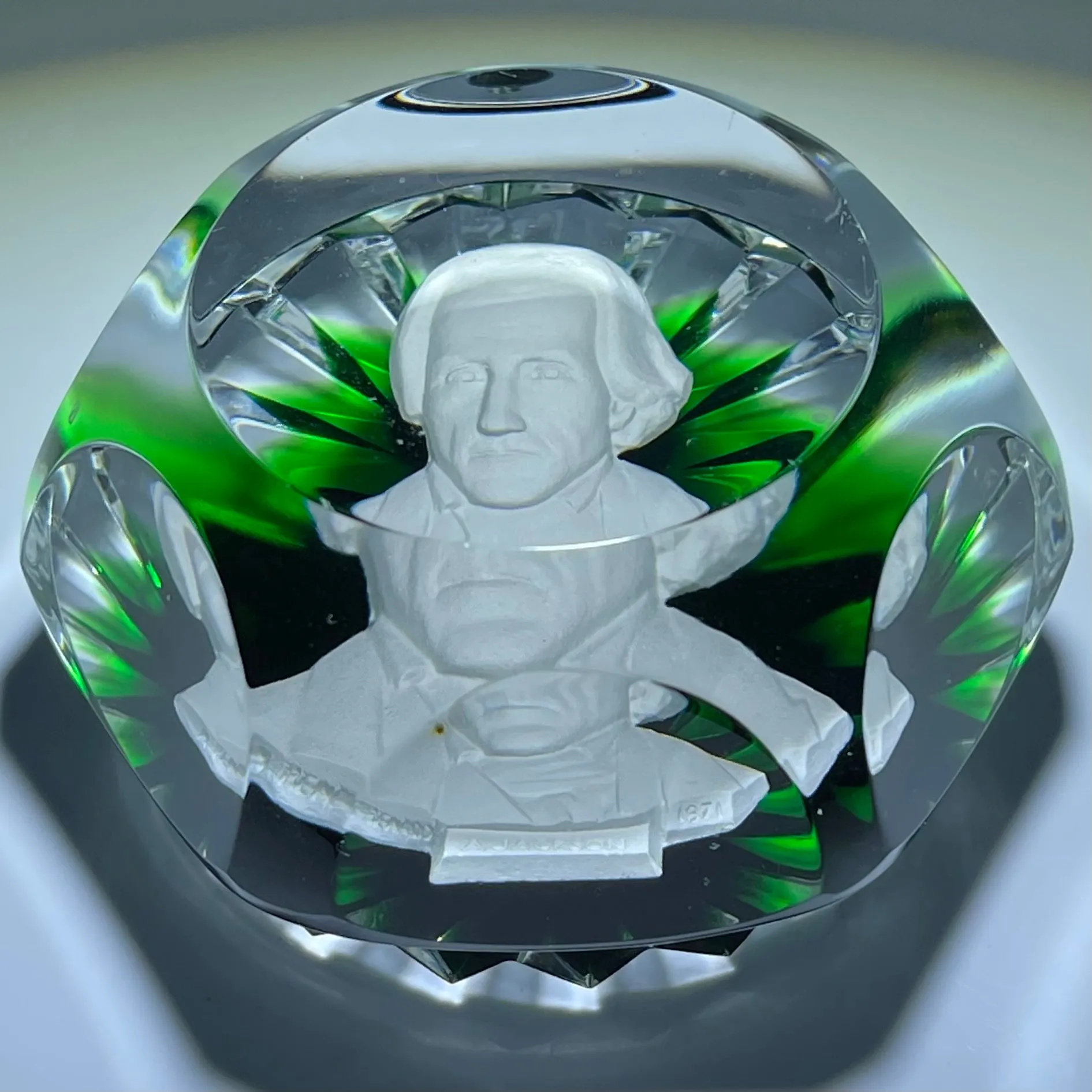 Vintage Faceted Baccarat Crystal President Andrew Jackson Sulphide on Transparent Green