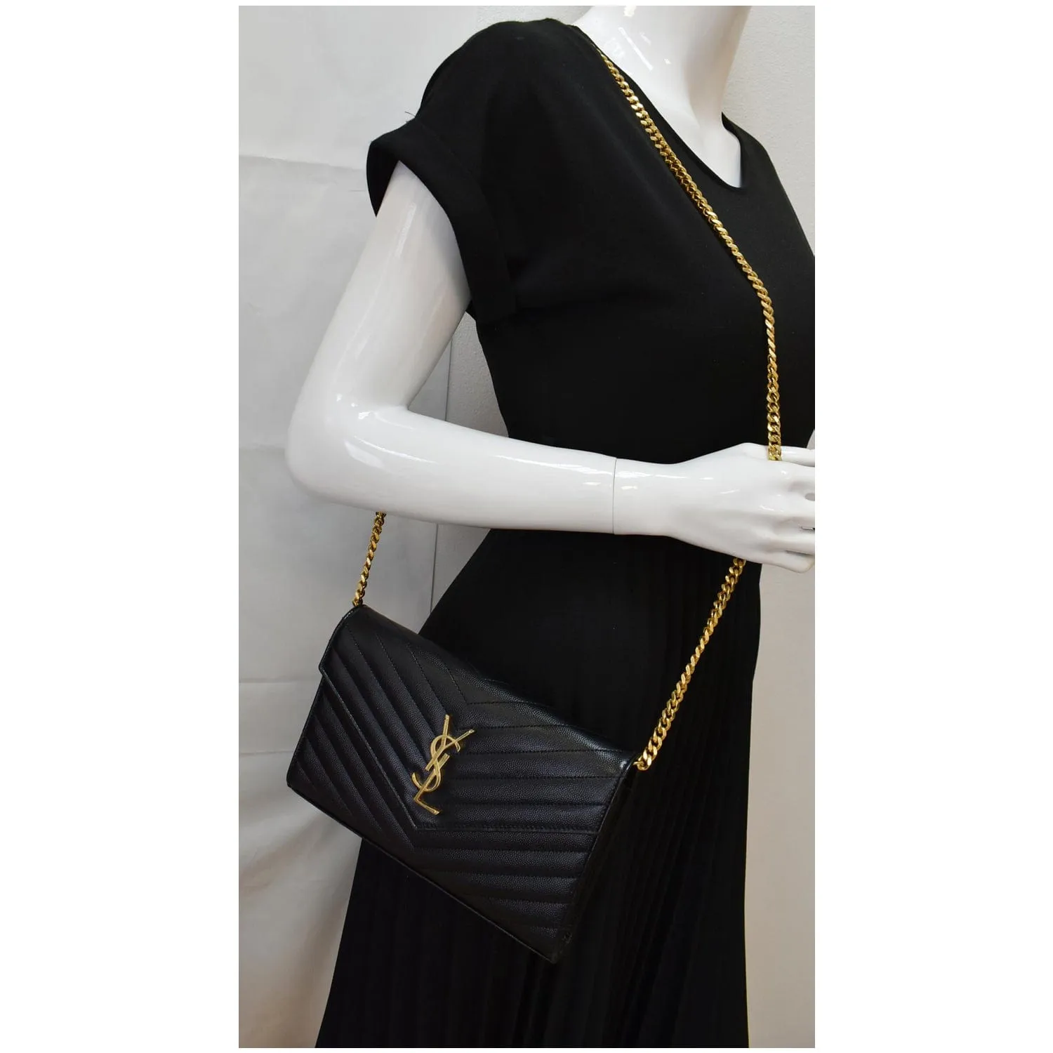 YVES SAINT LAURENT Envelope Monogram Leather Crossbody Chain Wallet Black